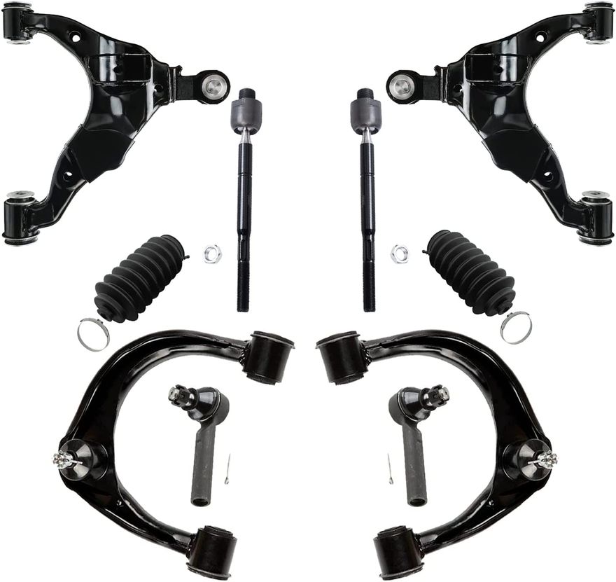 10pc Front Upper Lower Control Arms Inner Outer Tie Rods Boots