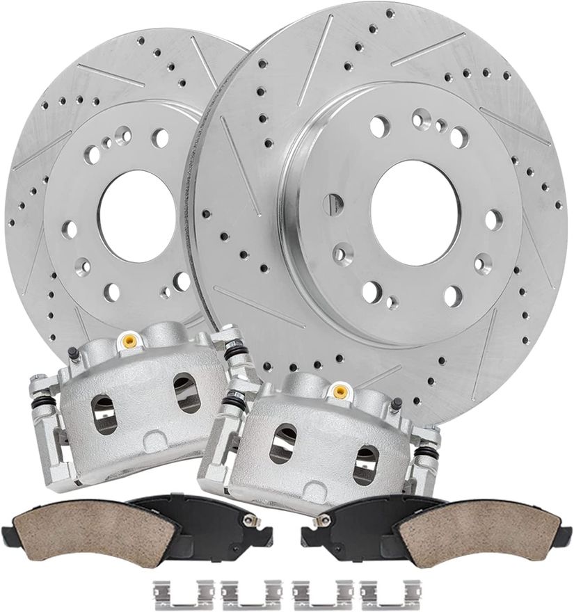 Detroit Axle - Drilled & Slotted Rear Brake Rotors & Brake Pads w