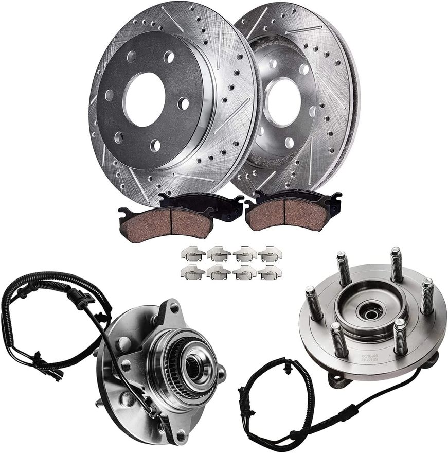 2014 Ford F-150 6pc Front Drilled Slotted Rotors Ceramic Brake Pads Wheel  Hub and Bearings Kit