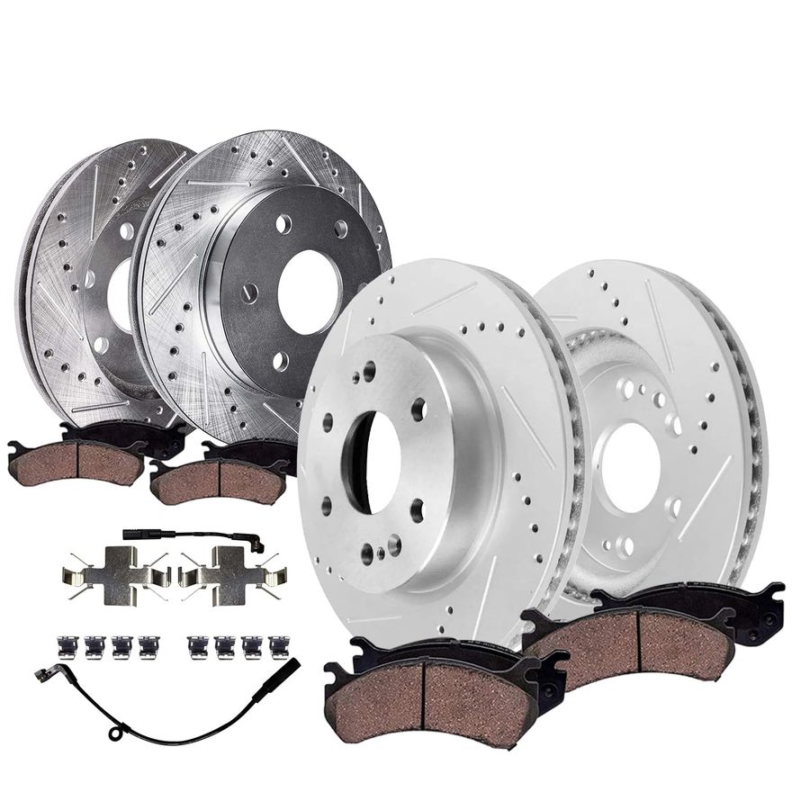 Front & Rear Drilled & Slotted Brake Rotors With Ceramic Pads – 5x114.3mm