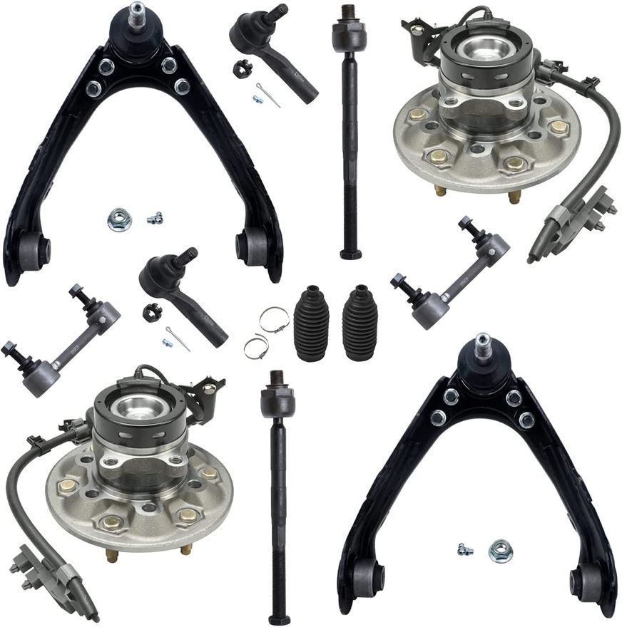 12pc Front Upper Control Arms Wheel Hub and Bearings Tie Rods